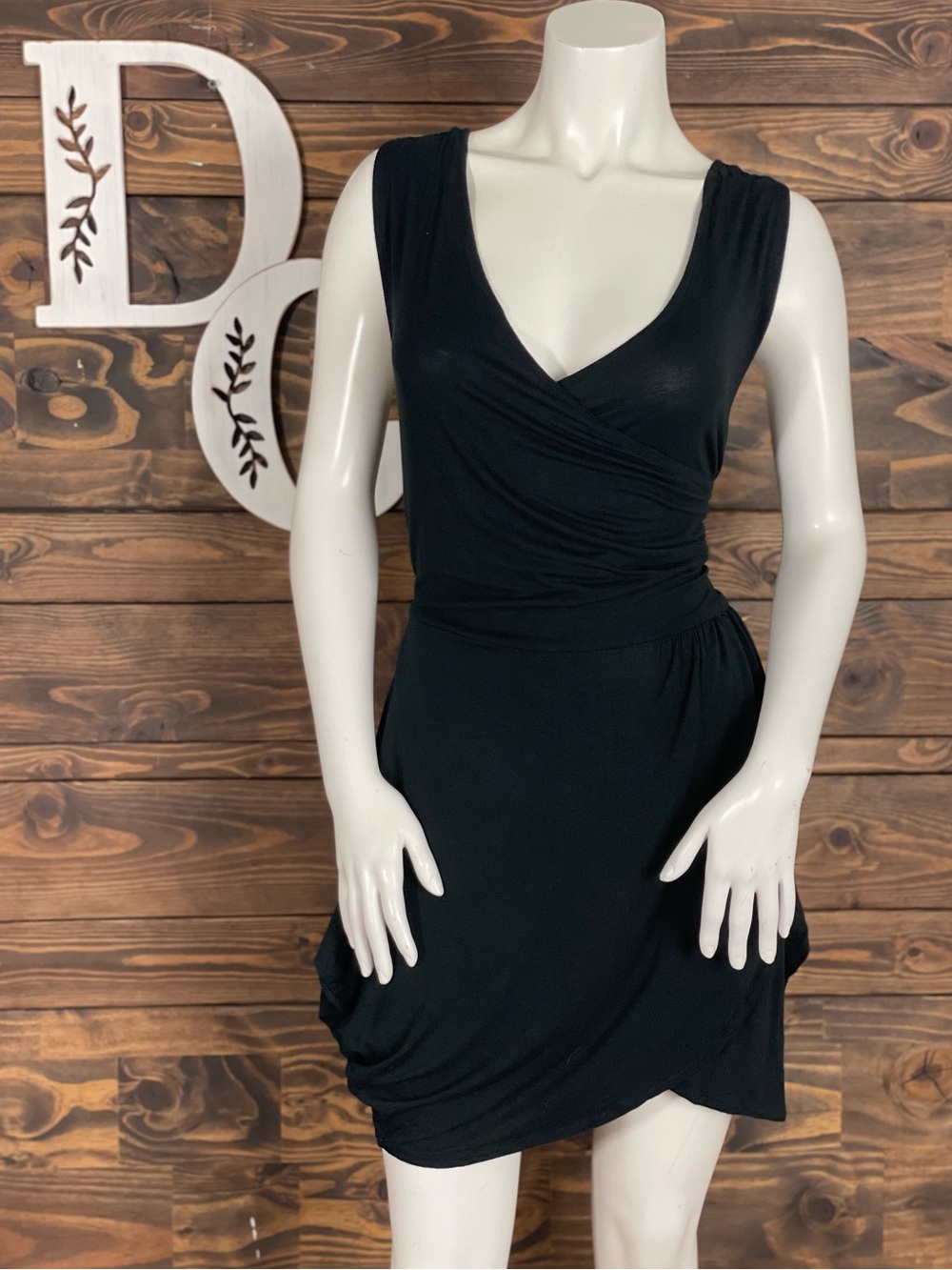 Eunice Classic Black Sleeveless Wrap-Front Surplice  Mini Dress Tulip Draped Hem